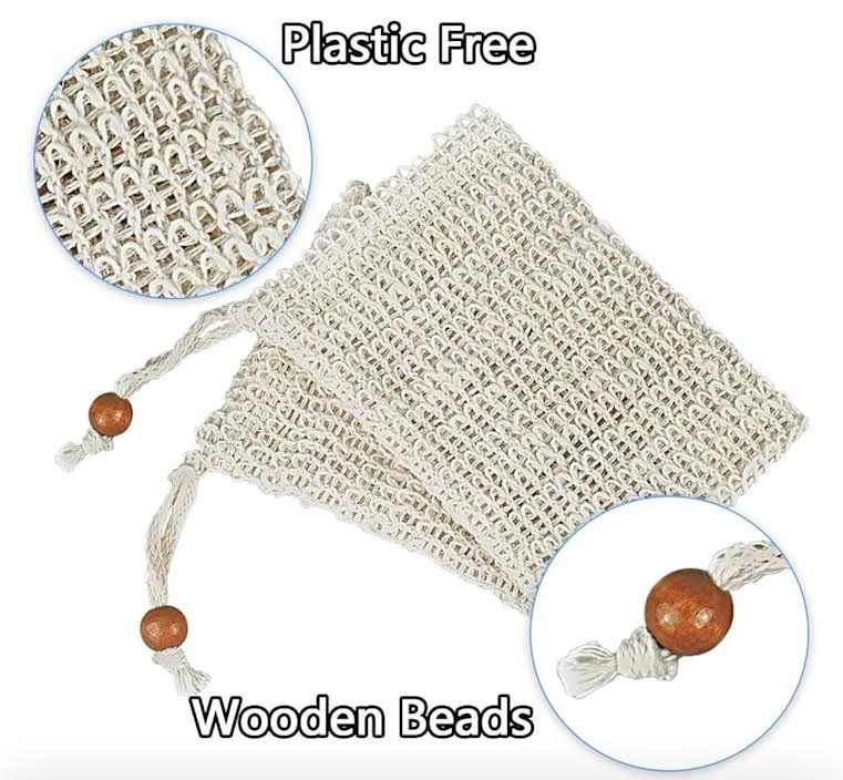 SOAP SAVER BAG with sisal design and wooden beads, plastic-free.