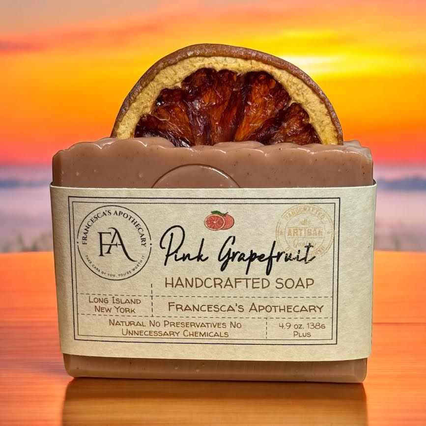 Handcrafted Pink Grapefruit Soap with Dehydrated Citrus and Natural Ingredients.
