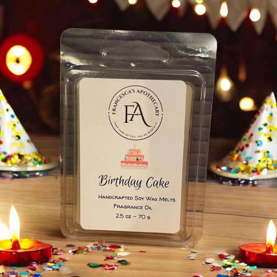 Birthday Cake Soy Wax Melt with sweet vanilla and warm butter scent packaging.