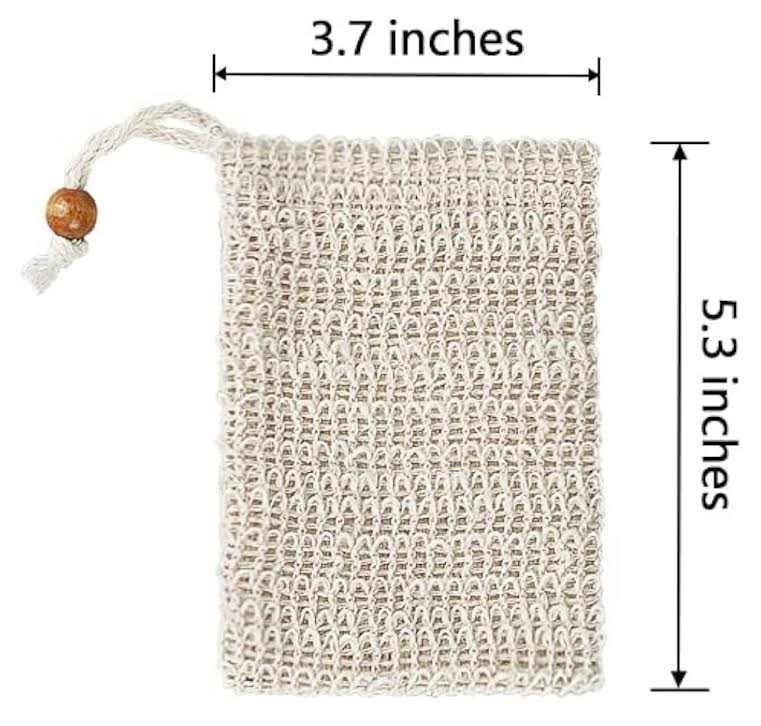 Soap saver bag with wooden beads, made of sisal and natural cotton-linen, measuring 3.7 x 5.3 inches.