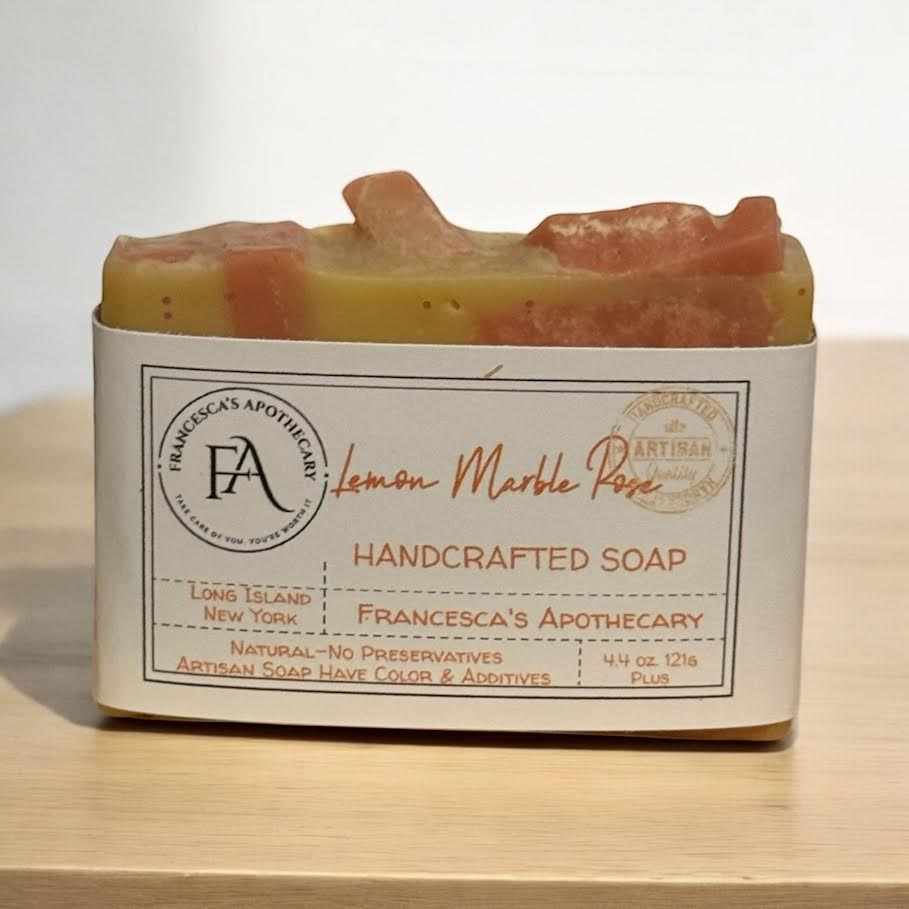 Lemon Marble Rose Soap with zesty lemon and rose scent, handcrafted and rejuvenating.