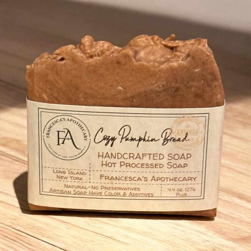Cozy Pumpkin Bread Soap with warm pumpkin and vanilla aroma, handcrafted and natural.