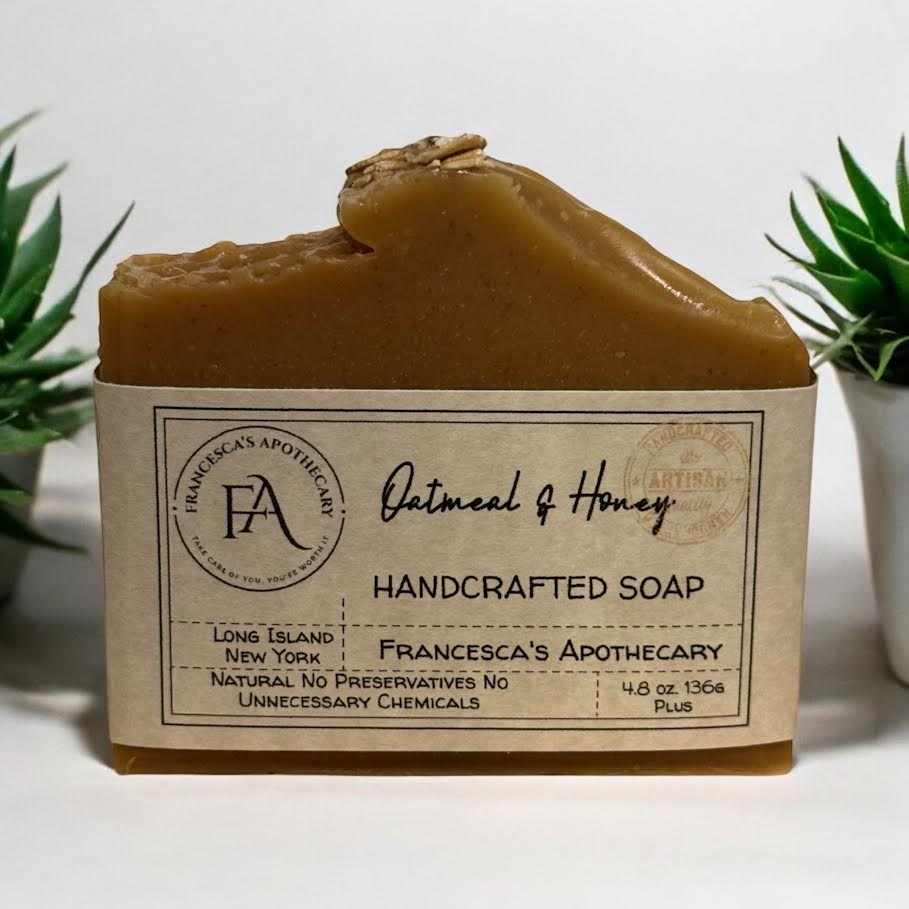 Oatmeal & Honey Soap bar with label, handcrafted, fragrance-free, moisturizing, soothing for sensitive skin.