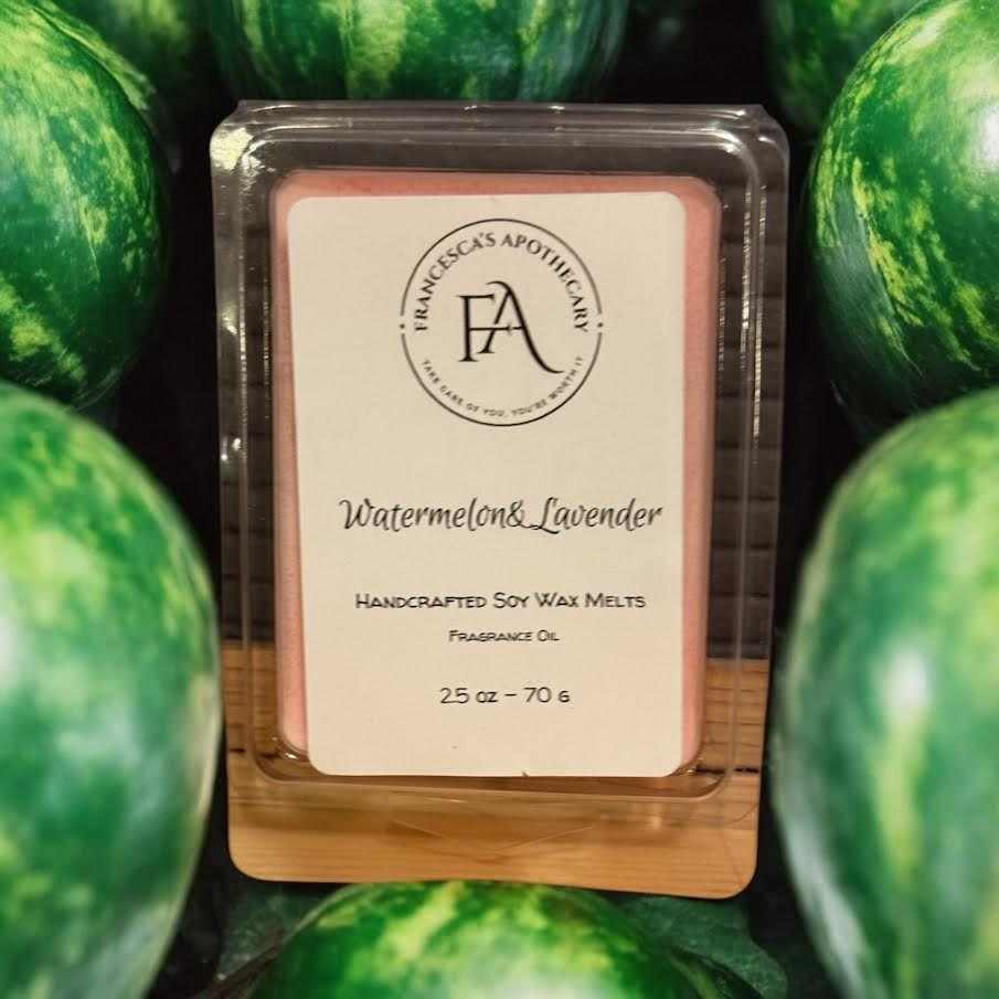 Watermelon Lavender Soy Wax Melt with orange peel and hibiscus notes.