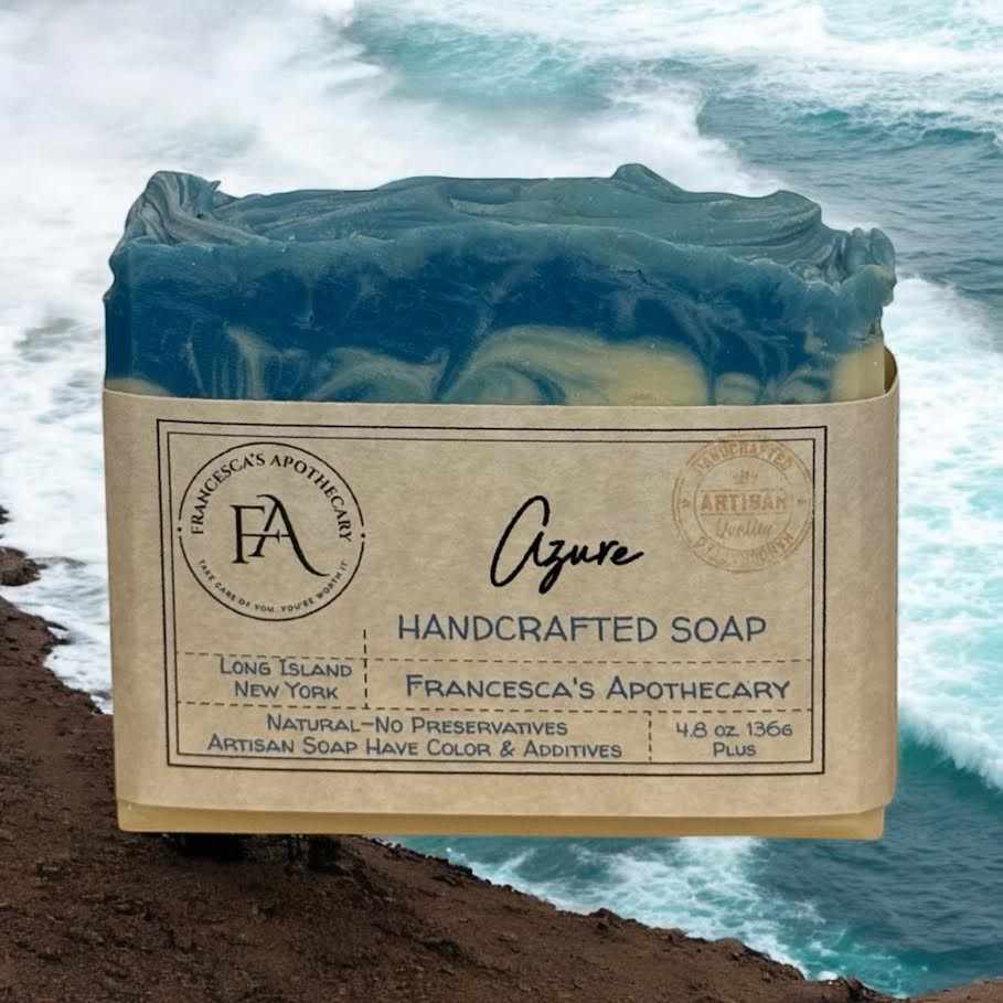 Handcrafted Azure soap bar with ocean view backdrop, natural ingredients, mens ultimate soap.