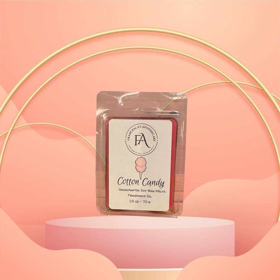 Cotton Candy Wax Melt with notes of strawberry, raspberry, spun sugar, caramel, and French vanilla.