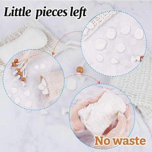 SOAP SAVER BAG made of Sisal and Natural Cotton-Linen with wooden beads, minimizes soap waste.