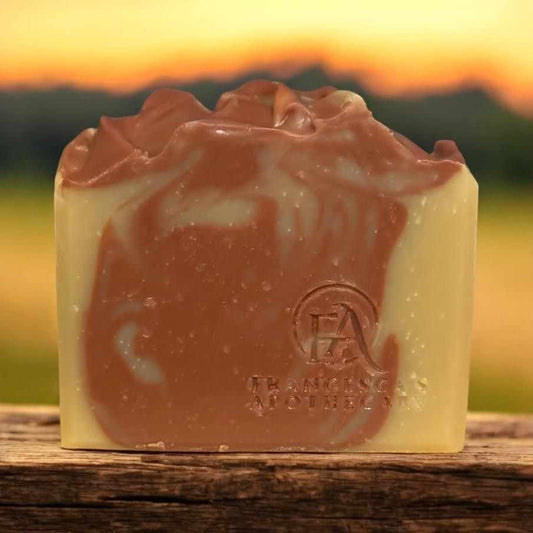 Warm Cedar & Amber soap with earthy cedarwood and sweet amber scent.