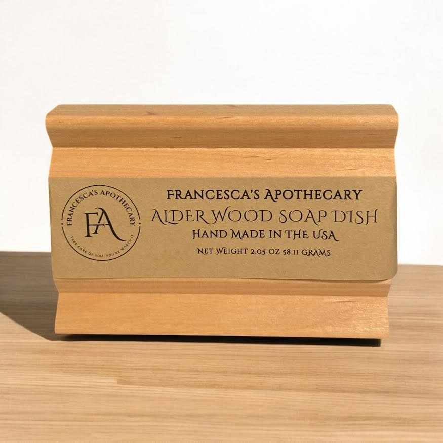 Alder wood soap dish with self-draining design made in the USA.