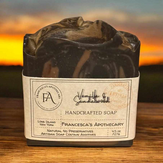 Luxurious earthy woody amber soap in an elegant white gift box with vanilla sandalwood fragrance, perfect for gifting.