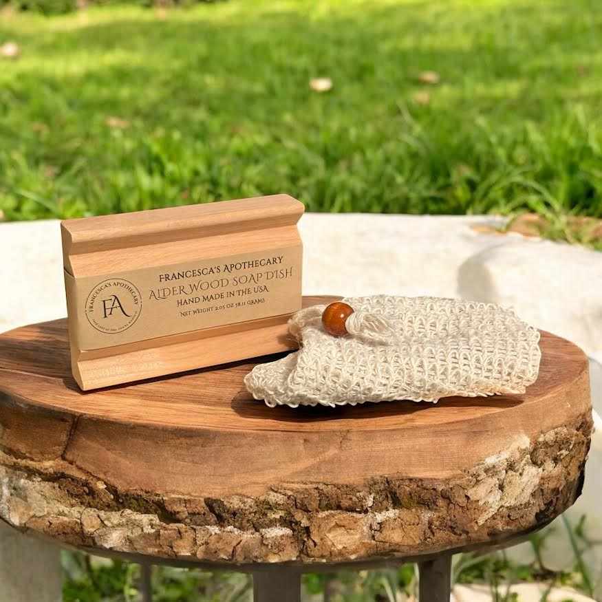 Floral Fruity Summer Scent Soap Lux Bundle with Alder Wood Soap Dish on Rustic Table