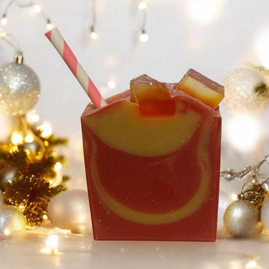 Pomegranate Cider Soap with biodegradable glitter, featuring spiced cider, cinnamon, nutmeg, pomegranate, and strawberry notes, ideal for a unique shower experience.