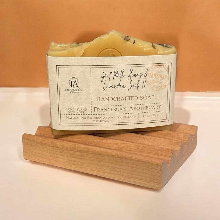 Alder Wood Soap Dish with handcrafted soap bar, self-draining design, prevents soggy soap, 2.75 x 4 x 0.75 inches.