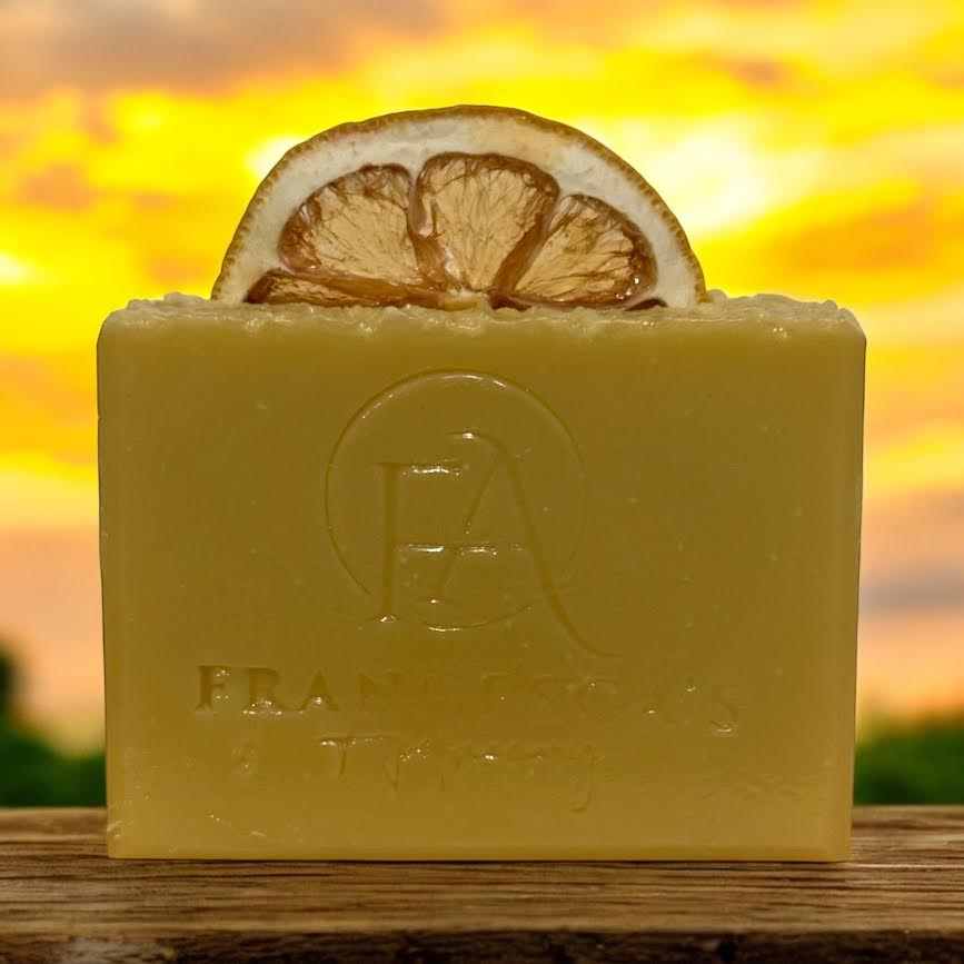 NATURAL FRUIT BUNDLE soap bar with dehydrated lemon slice against a sunset background.