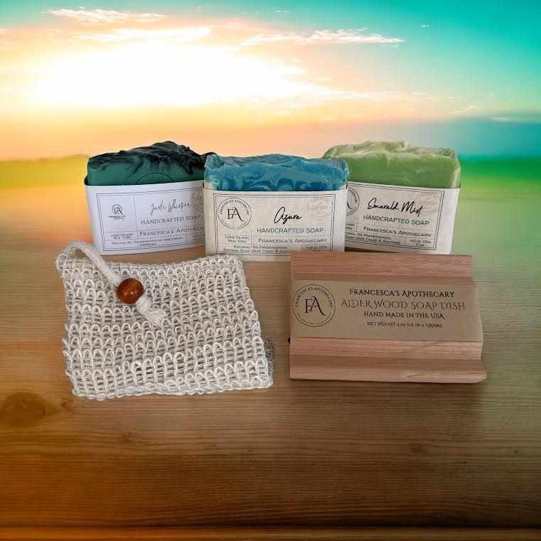 Luxurious men's soap gift set in an elegant white box featuring Jade Whisper, Azure, and Emerald Mist handcrafted soaps, perfect for gifting.