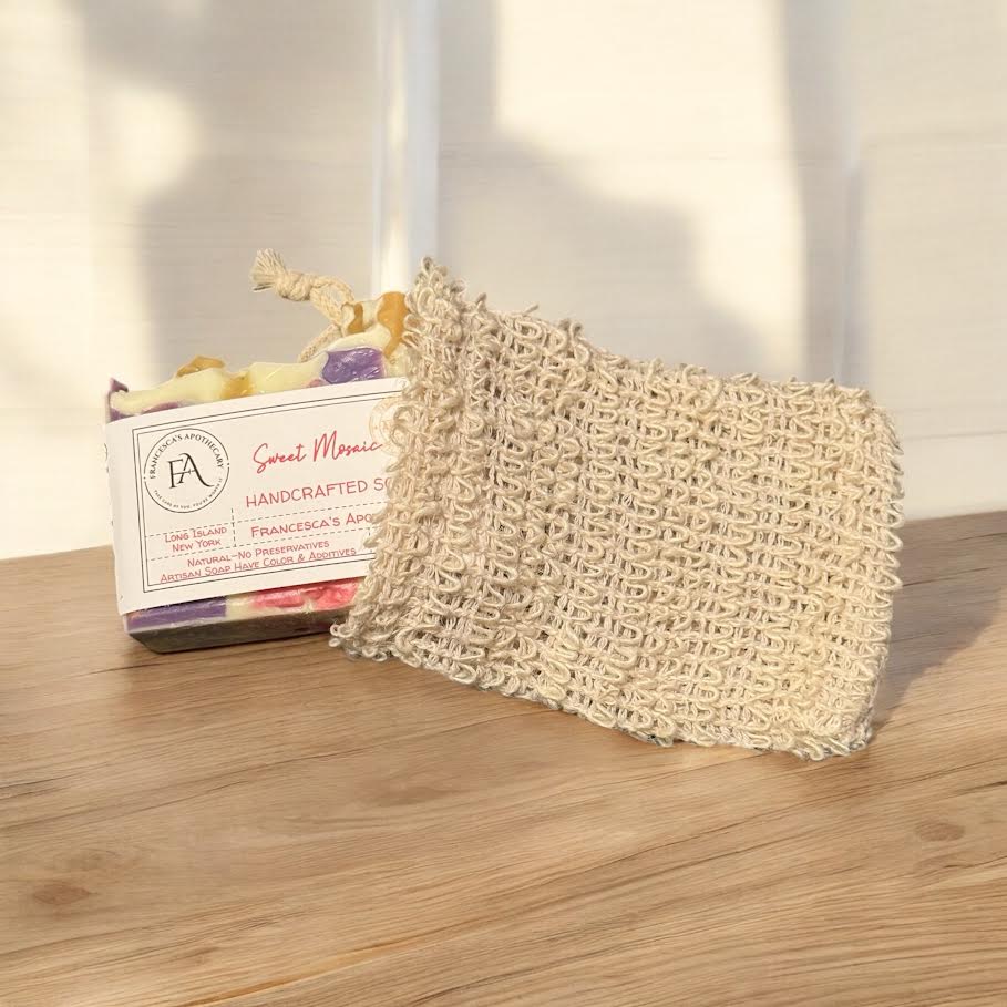 Handcrafted Sweet Mosaic Soap with complimentary soap saver bag, featuring a blend of flowers and fruit scents.