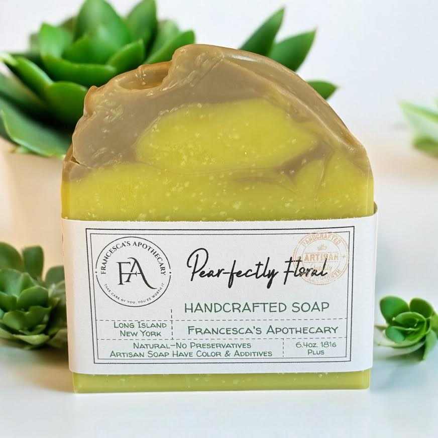 Pear-fectly Floral Artisan Soap with succulent pear scent, featuring green, fruity, and floral notes, made with organic oils and natural ingredients.