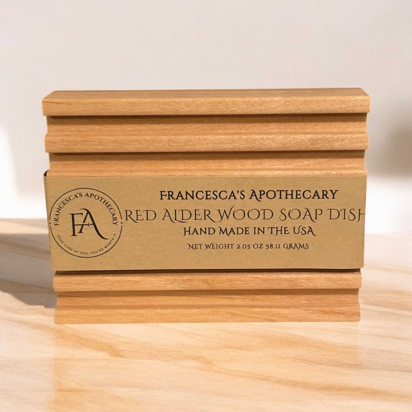 Red Alder Wood Soap Dish, self-draining design, 2.75 x 4 x 0.75 inches, handmade in the USA, durable bar soap holder.
