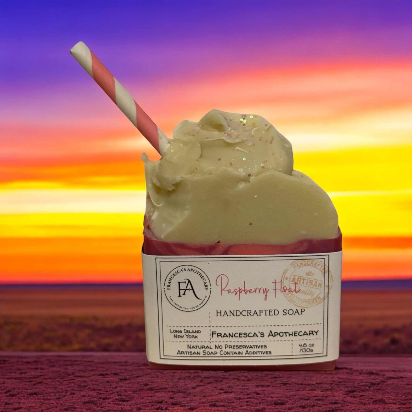BFF Drink Lux Gift Box with Raspberry Float Soap against sunset background.