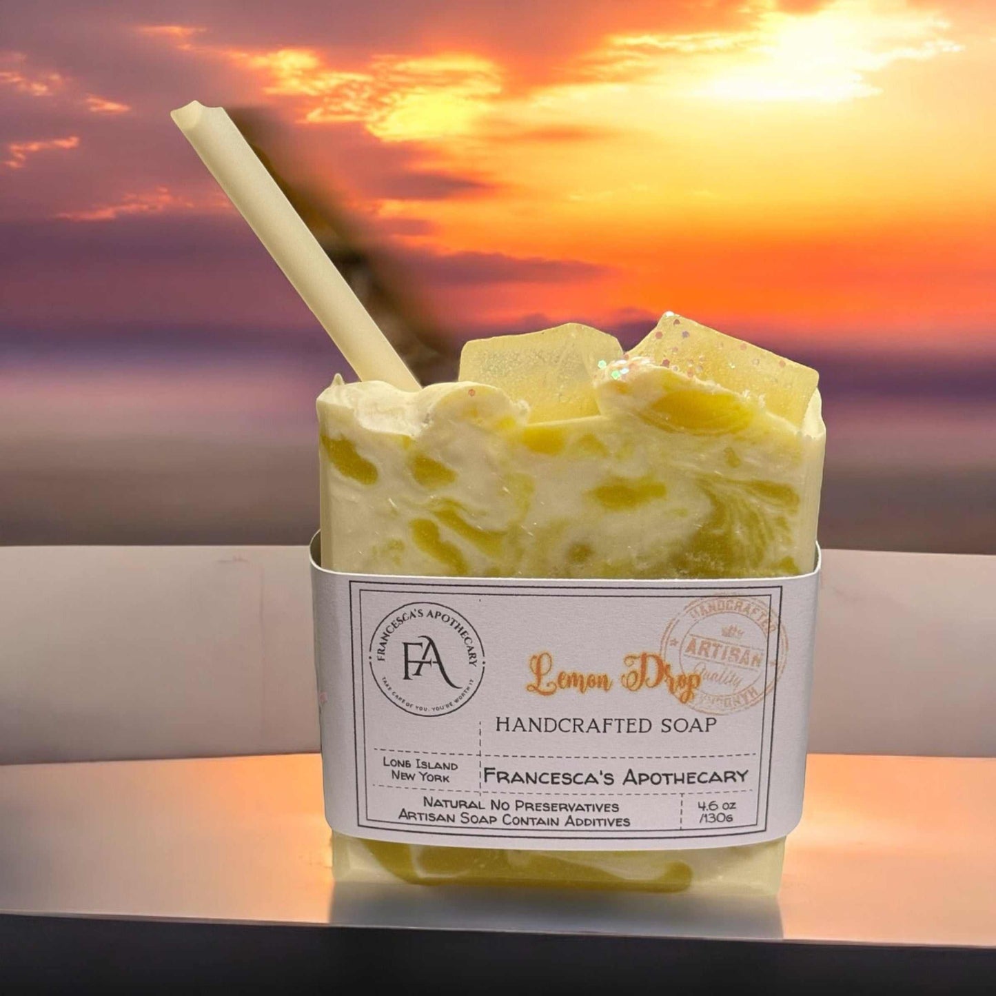Lemon Drop Soap with biodegradable glitter and citrus mint scent.