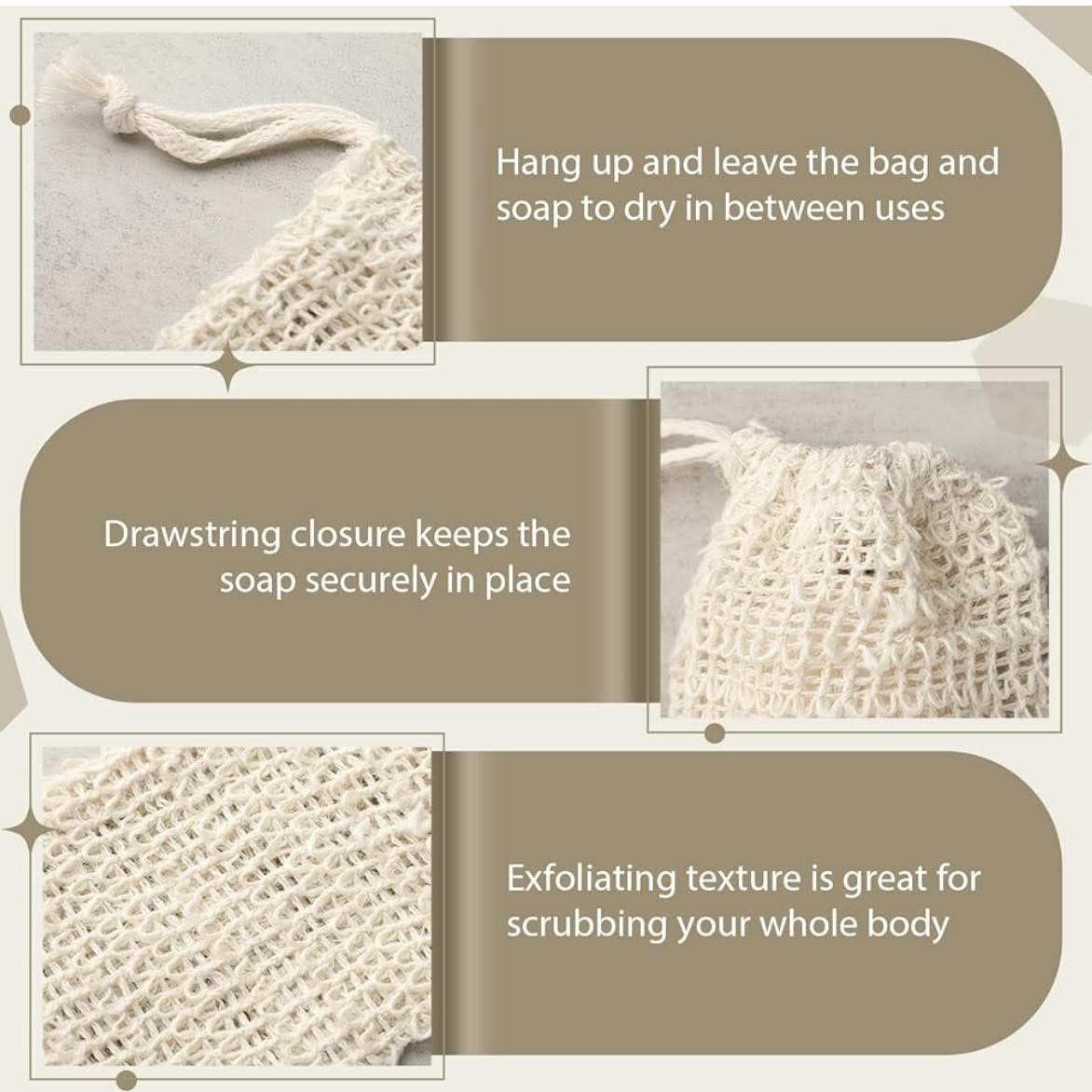 SOAP SAVER BAG made of Sisal and Natural Cotton-Linen with drawstring closure and exfoliating texture.