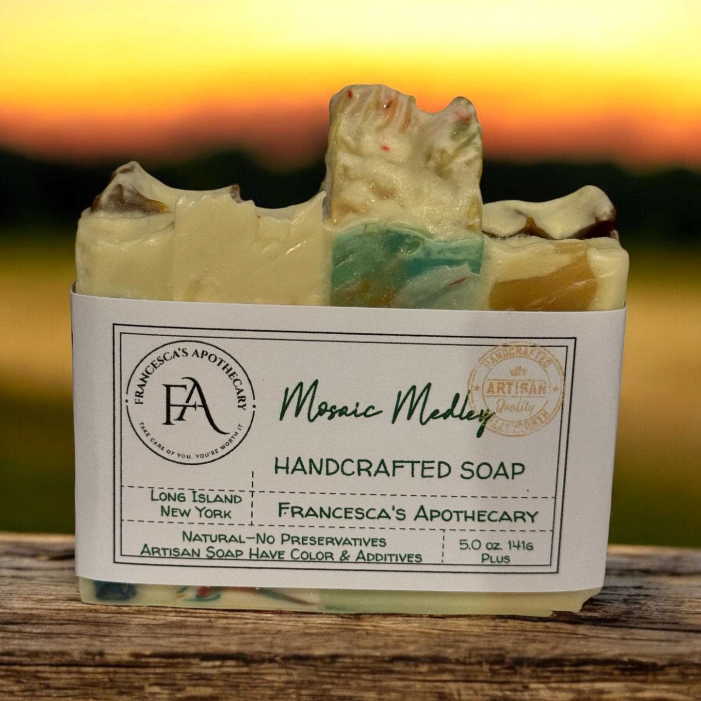Mosaic style soap bundle featuring handcrafted, eco-friendly bars with vibrant colors and luxurious scents.