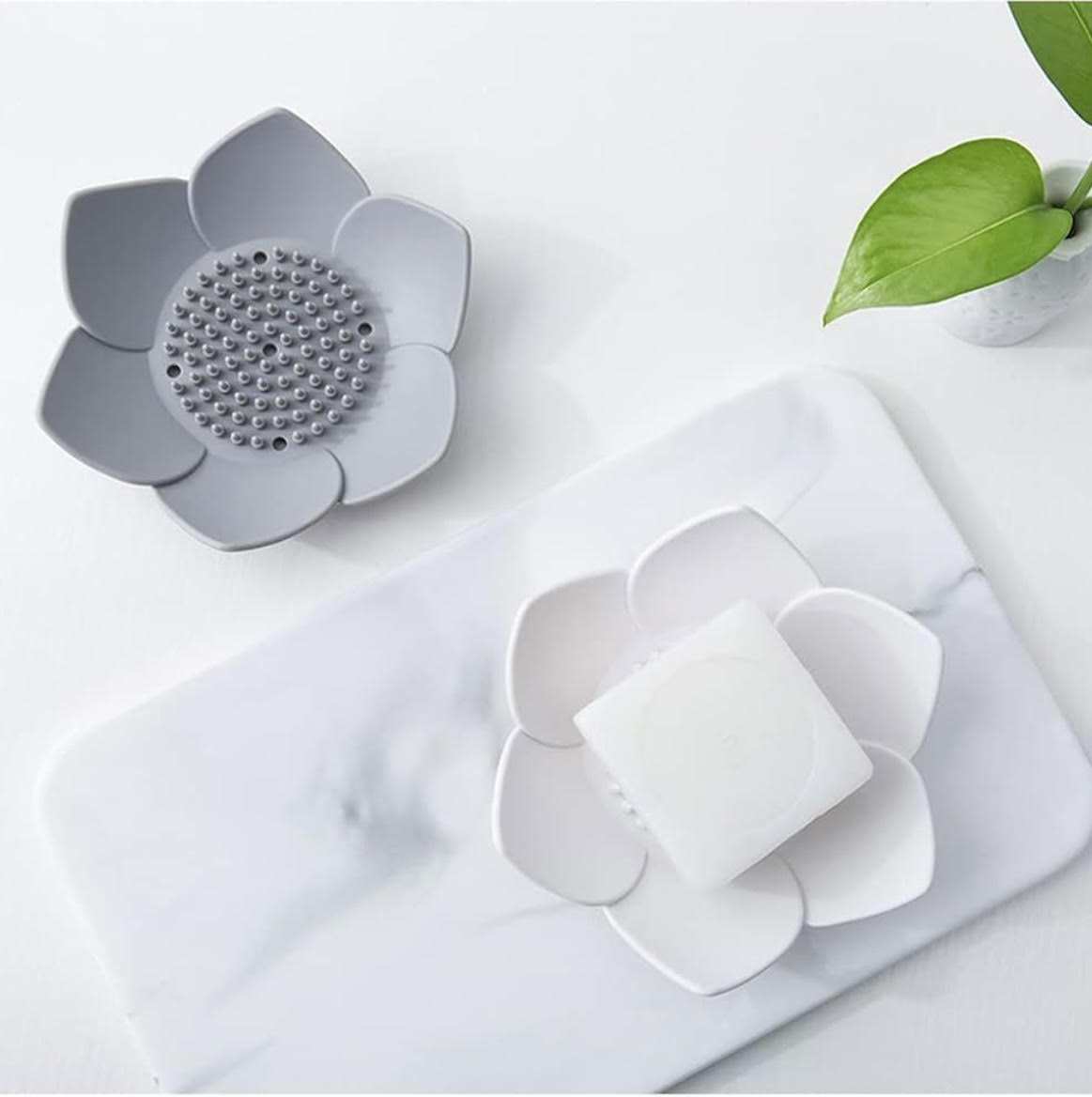 Lotus Flower Soap or Shower Steamer Dish in grey and white, flower-shaped bathroom holder with draining feature.