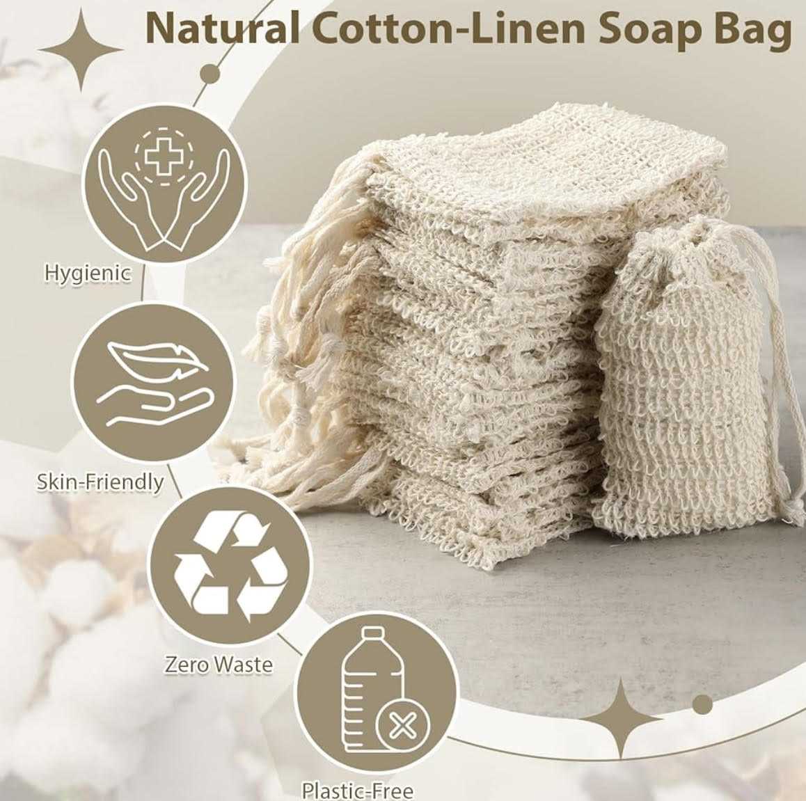 Natural cotton-linen soap saver bag made of sisal, eco-friendly, hygienic, and plastic-free.