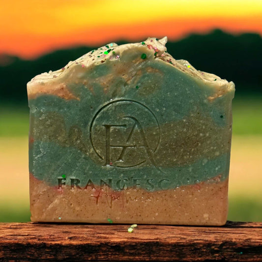 Turquoise Beaches Soap with tropical fruit and floral fragrance, featuring walnut shell powder exfoliant.