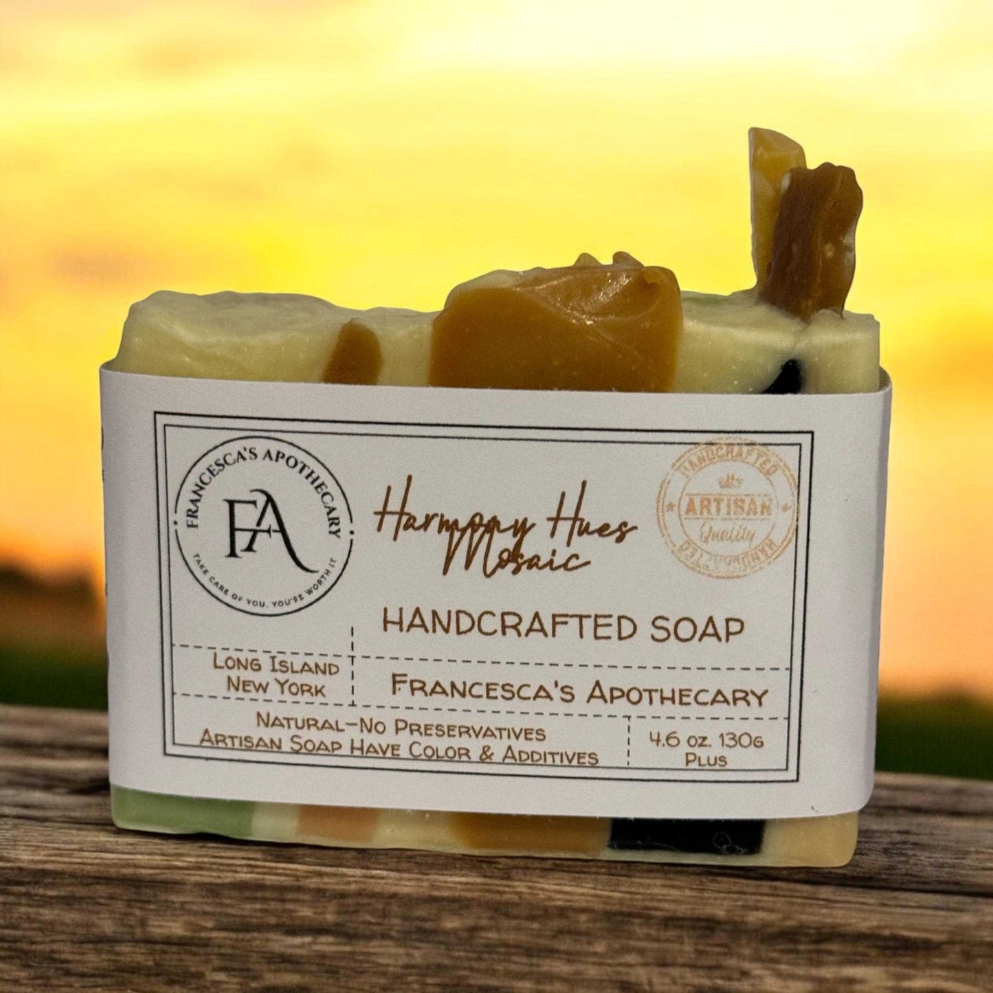 Mosaic Style soap bundle featuring hand-selected luxurious soaps on display at sunset.
