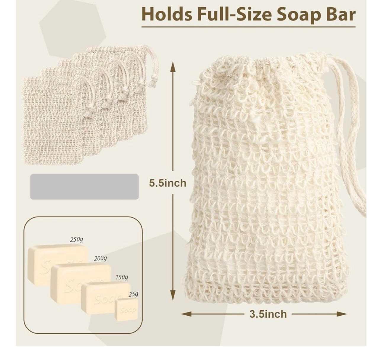 SOAP SAVER BAG made of Sisal and Natural Cotton-Linen, eco-friendly plastic-free drawstring pouch for foamy and dry soap bars.