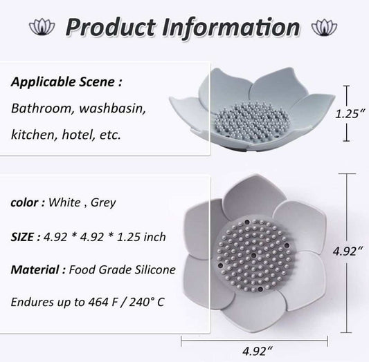 Lotus Flower Shower Steamer Dish in silicone with draining feature, available in grey and white.