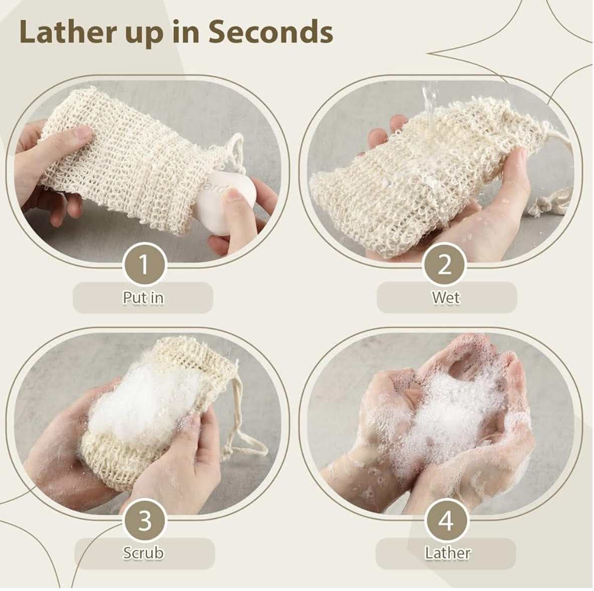 SOAP SAVER BAG made of sisal and natural cotton-linen with instructions for use: put in, wet, scrub, and lather.