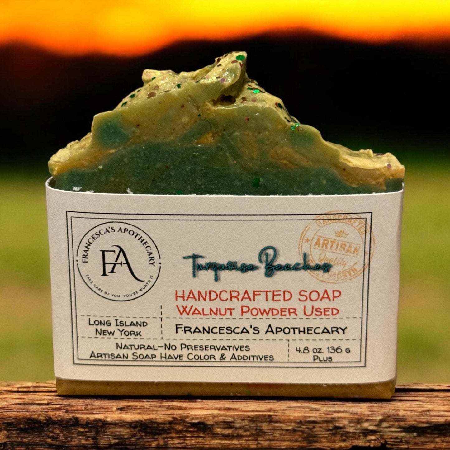 Handcrafted Turquoise Beaches Soap with walnut shell powder, tropical fruit scent, and biodegradable glitter.