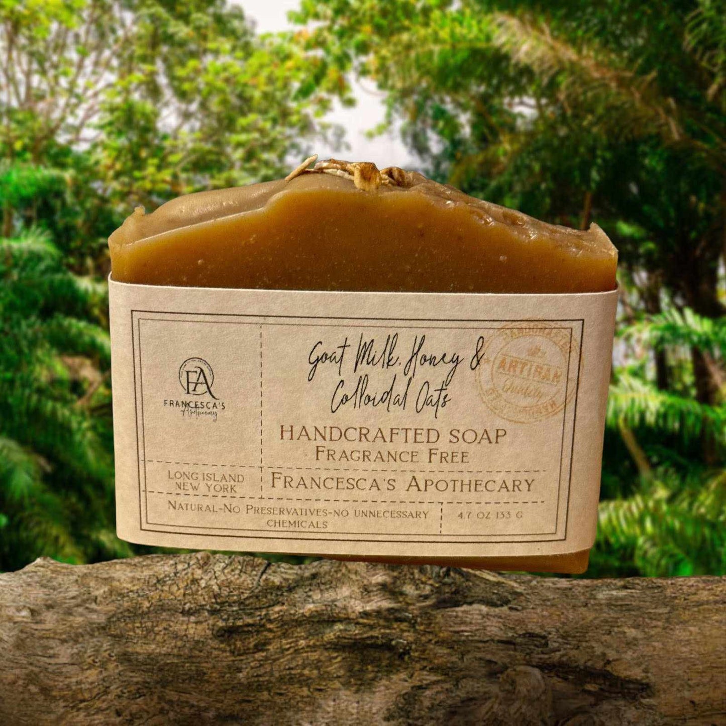 Handcrafted soap with goat milk, honey, and colloidal oats for nourishing skin care.