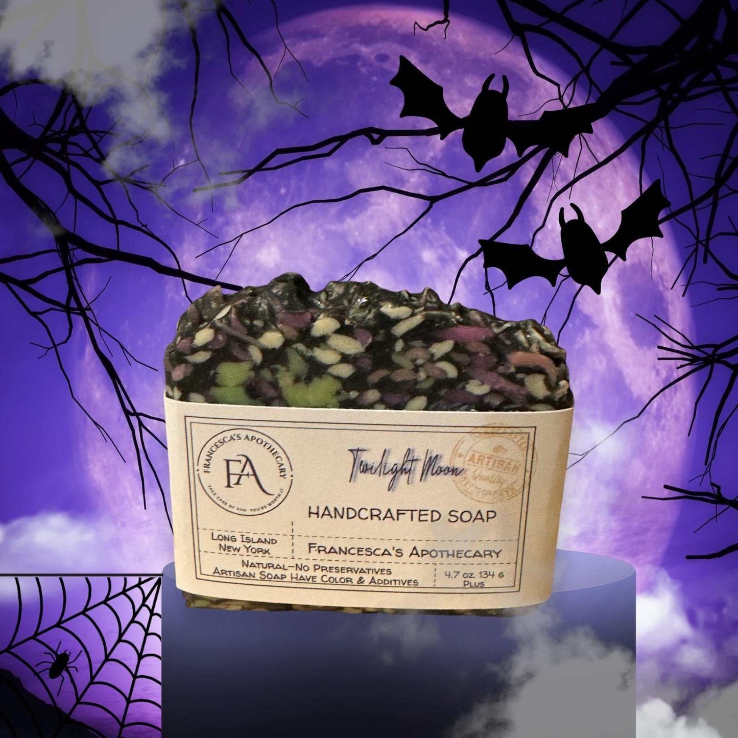Twilight Moon Artisan Soap handcrafted bar with natural ingredients and spooky purple moon background