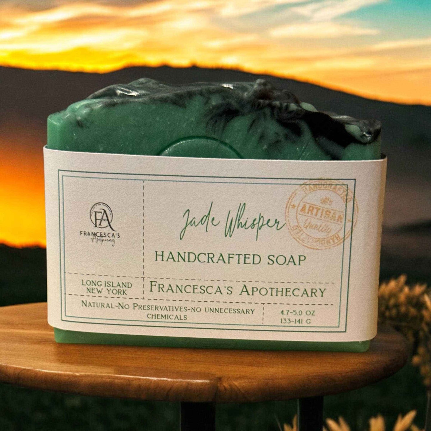 Jade Whisper Soap with eucalyptus, spearmint, lemon, and lavender, handcrafted with organic oils, activated charcoal, and mica.