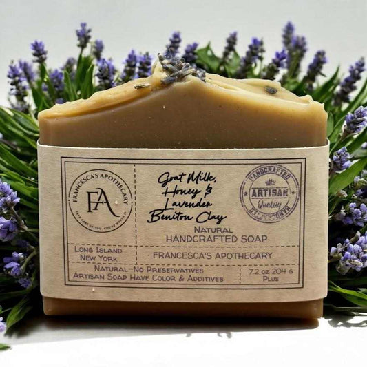 Large goat milk honey and lavender bentonite clay natural handcrafted soap bar with lavender buds and essential oils