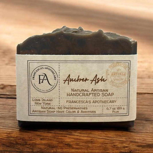 Large amber ash artisan soap bar with natural handcrafted ingredients including olive oil, coconut oil, and activated charcoal, featuring a warm sandalwood and vanilla scent.