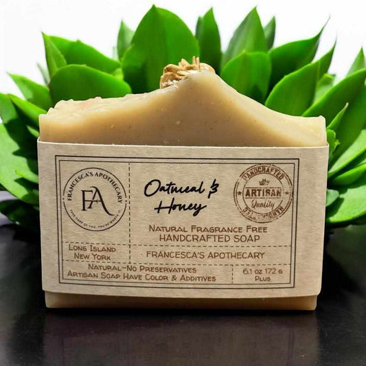 large oatmeal and honey fragrance-free handcrafted soap bar with natural ingredients and artisanal packaging