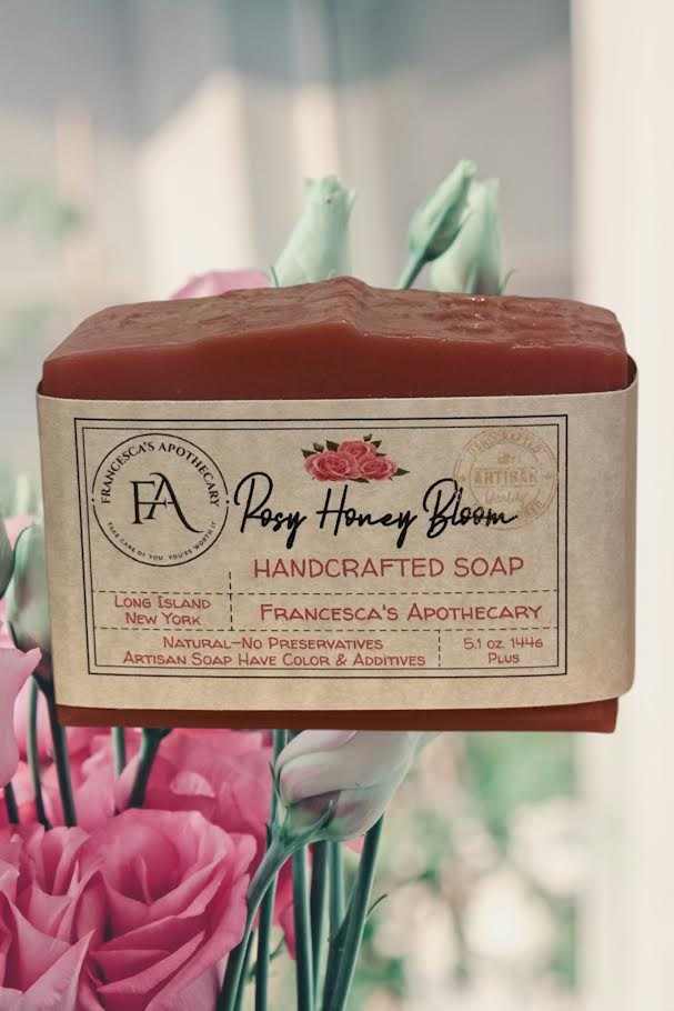 floral fruity summer soap bundle with Rosy Honey Blossom handcrafted soap on flowers