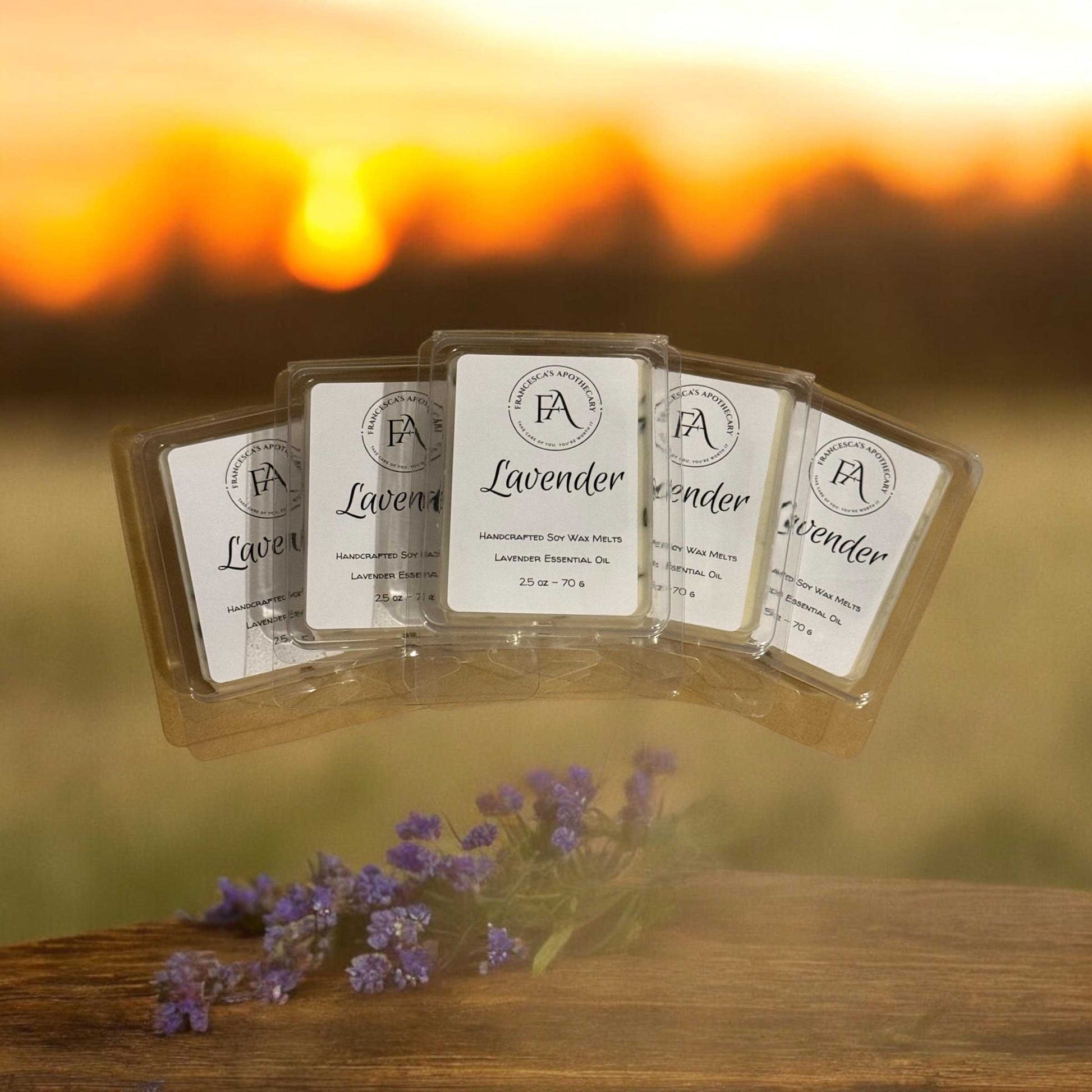 Lavender Soy Wax Melt with floral and herbal aromatherapy benefits in sunset setting.